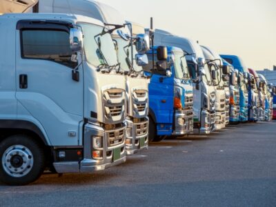 中古トラックが多数並ぶBee-Truckの展示場"
