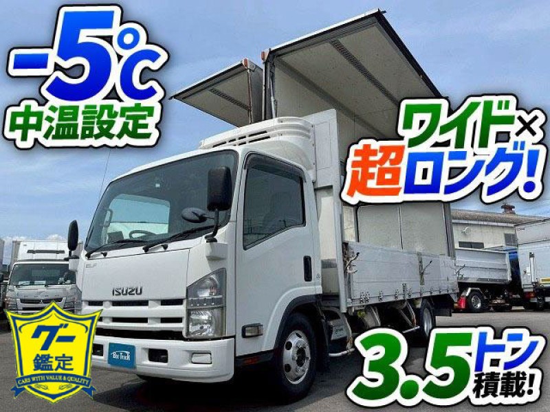 1800 PKG-NPR75N H20 いすゞ エルフ 冷蔵冷凍ウイング 菱重コールドチェーン -5℃中温設定 R404A 青果仕様 ワイド 超ロング 5Mボディ 4HK1 155馬力 3.4トン 3t 4t 8t 小型 冷蔵冷凍車 バン 箱車