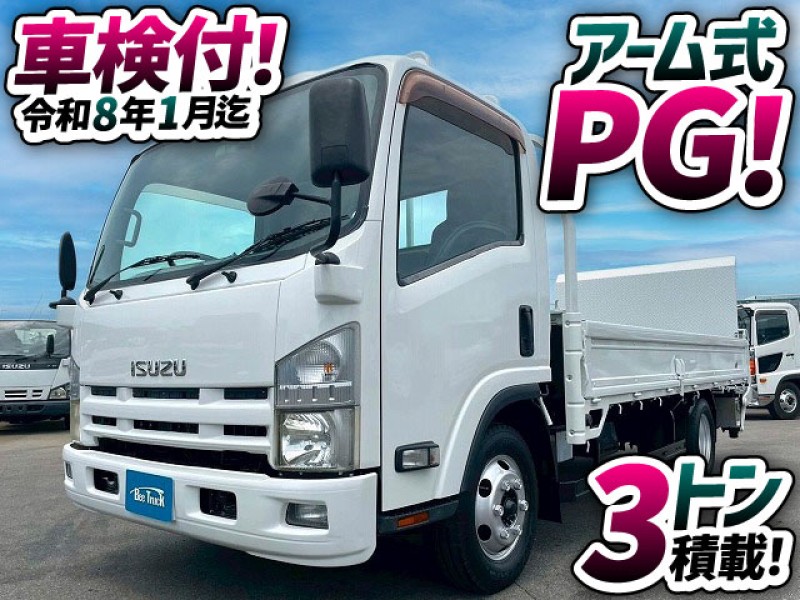 1808 TKG-NPR85AR 車検付 令和8年1月迄 H25 いすゞ エルフ 平ボディ アーム式パワーゲート 昇降能力:800kg ワイド ロング 3トン積載 6速MT 2t 3t 6t 小型 キャブオーバー